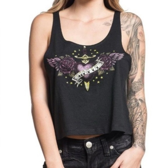 Sinful Tops - Sinful By Affliction Woman’s Large Angel Wing Sword Rhinestone Cropped Tank Top
